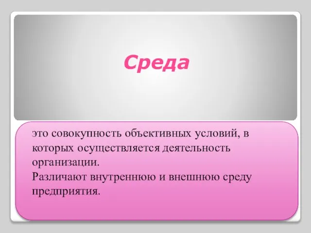 Среда это совокупность объективных условий, в которых осуществляется деятельность организации. Различают внутреннюю и внешнюю среду предприятия.