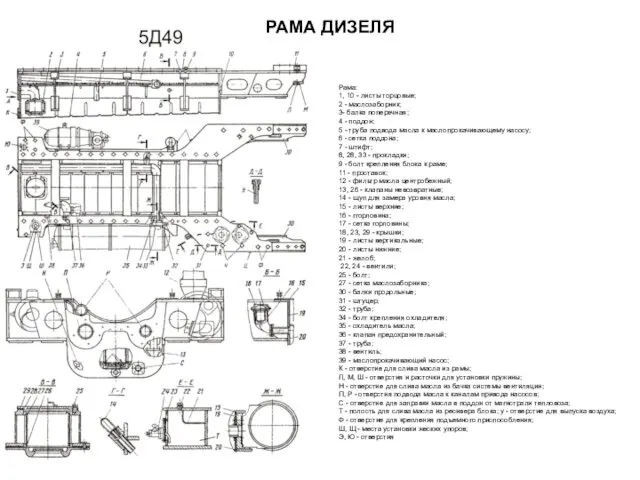 Рама: 1, 10 - листы торцовые; 2 - маслозаборник; 3- балка