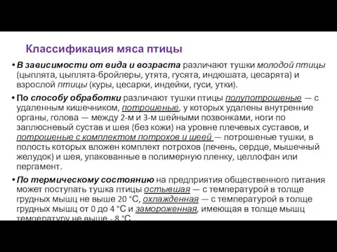 Классификация мяса птицы В зависимости от вида и возраста различают тушки