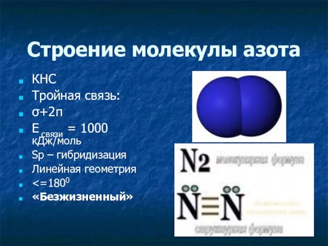 Строение молекулы азота КНС Тройная связь: σ+2π Е связи = 1000