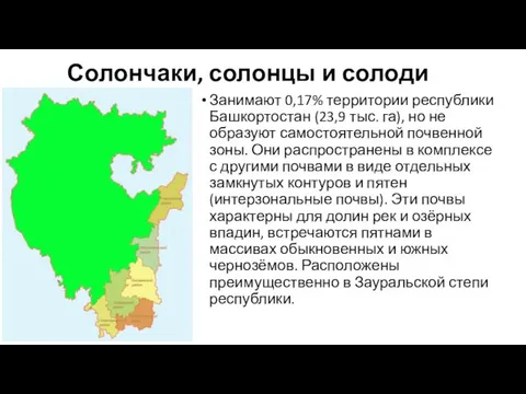 Солончаки, солонцы и солоди Занимают 0,17% территории республики Башкортостан (23,9 тыс.