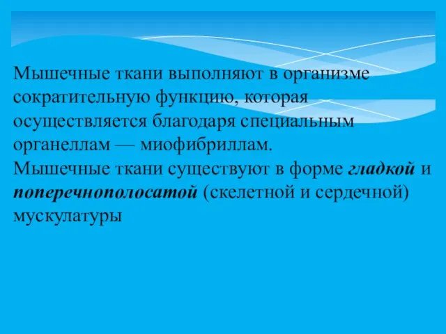 Мышечные ткани выполняют в организме сократительную функцию, которая осуществляется благодаря специальным