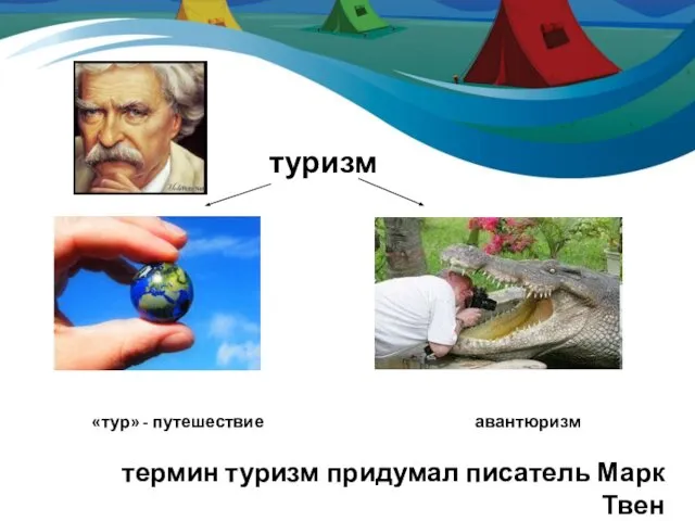 термин туризм придумал писатель Марк Твен туризм «тур» - путешествие авантюризм