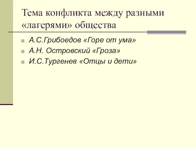 Тема конфликта между разными «лагерями» общества А.С.Грибоедов «Горе от ума» А.Н.