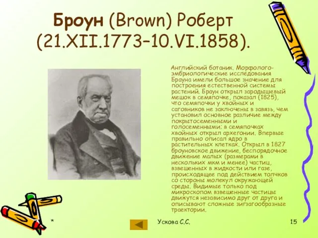 * Ускова С.С. Броун (Brown) Роберт (21.XII.1773–10.VI.1858). Английский ботаник. Морфолого-эмбриологические исследования