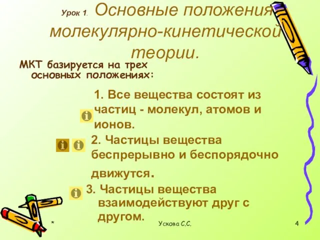 * Ускова С.С. Урок 1. Основные положения молекулярно-кинетической теории. МКТ базируется