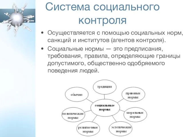 Система социального контроля Осуществляется с помощью социальных норм, санкций и институтов