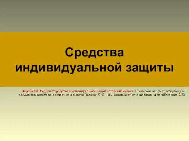 Средства индивидуальной защиты Версия 6.0. Раздел “Средства индивидуальной защиты” обеспечивает: Планирование,