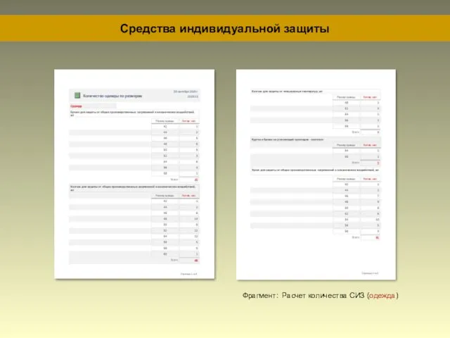 Средства индивидуальной защиты Фрагмент: Расчет количества СИЗ (одежда)