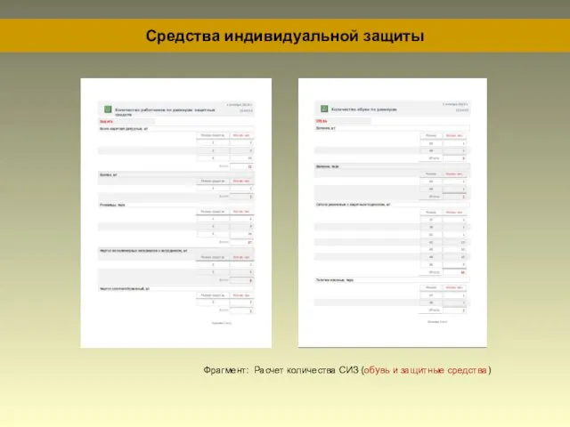 Средства индивидуальной защиты Фрагмент: Расчет количества СИЗ (обувь и защитные средства)