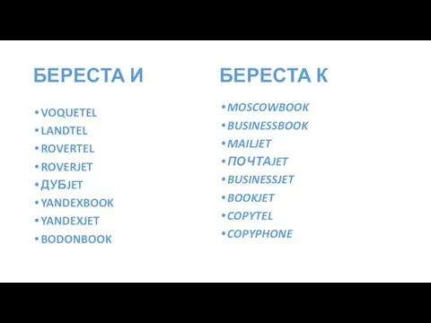 БЕРЕСТА И VOQUETEL LANDTEL ROVERTEL ROVERJET ДУБJET YANDEXBOOK YANDEXJET BODONBOOK MOSCOWBOOK