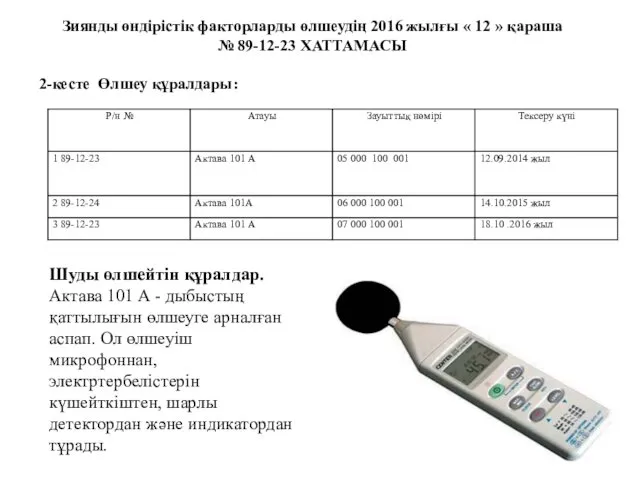 Зиянды өндірістік факторларды өлшеудің 2016 жылғы « 12 » қараша №