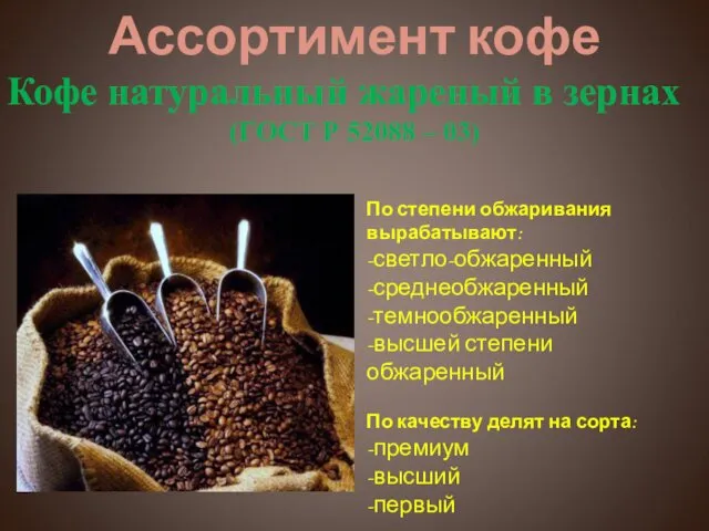 Ассортимент кофе Кофе натуральный жареный в зернах (ГОСТ Р 52088 –