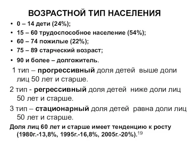 ВОЗРАСТНОЙ ТИП НАСЕЛЕНИЯ 0 – 14 дети (24%); 15 – 60