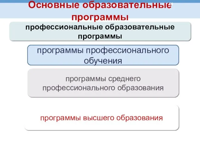 Основные образовательные программы профессиональные образовательные программы программы среднего профессионального образования программы высшего образования программы профессионального обучения