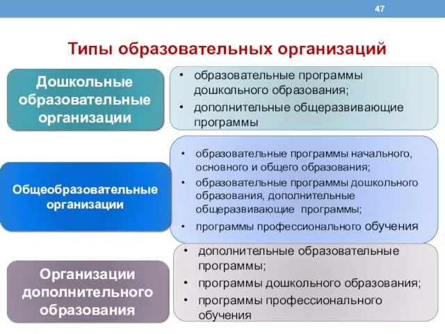 Дошкольные образовательные организации образовательные программы дошкольного образования; дополнительные общеразвивающие программы Типы