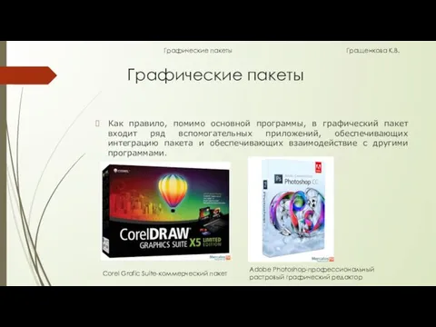 Графические пакеты Как правило, помимо основной программы, в графический пакет входит