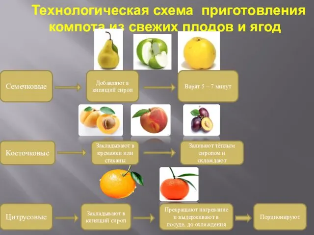 Технологическая схема приготовления компота из свежих плодов и ягод Семечковые Добавляют