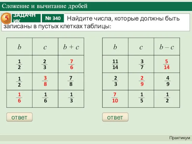 Сложение и вычитание дробей Практикум ответ ответ