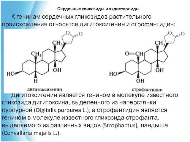 К генинам сердечных гликозидов растительного происхождения относятся дигитоксигенин и строфантидин: Дигитоксигенин