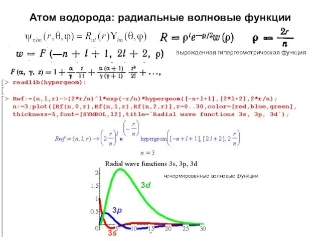 Атом водорода: радиальные волновые функции вырожденная гипергеометрическая функция 3s 3d 3p ненормированные волновые функции