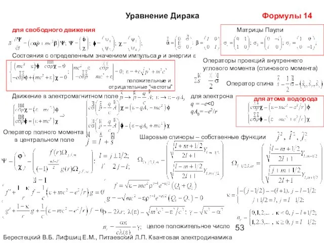 Уравнение Дирака для свободного движения Матрицы Паули Состояния с определенным значением