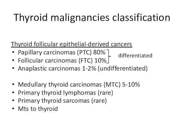 Thyroid malignancies classification Thyroid follicular epithelial-derived cancers Papillary carcinomas (PTC) 80%