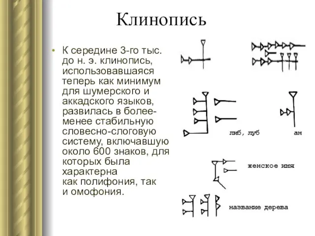 Клинопись К середине 3-го тыс. до н. э. клинопись, использовавшаяся теперь