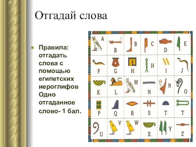 Отгадай слова Правила: отгадать слова с помощью египетских иероглифов Одно отгаданное слово- 1 бал.