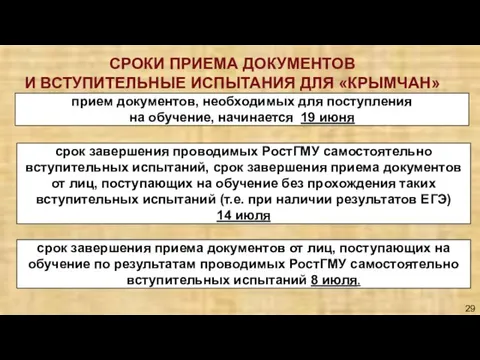 СРОКИ ПРИЕМА ДОКУМЕНТОВ И ВСТУПИТЕЛЬНЫЕ ИСПЫТАНИЯ ДЛЯ «КРЫМЧАН» прием документов, необходимых