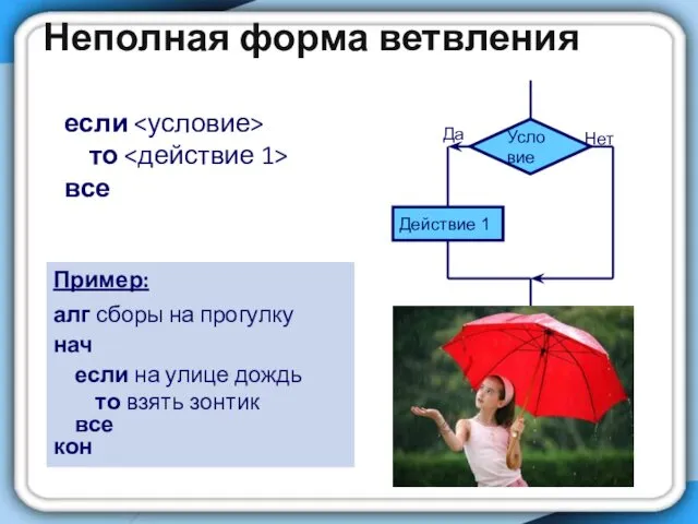 Неполная форма ветвления если то все Пример: алг сборы на прогулку