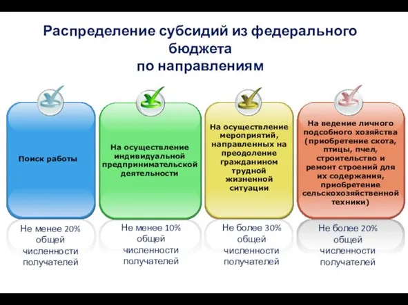 Распределение субсидий из федерального бюджета по направлениям Не менее 20% общей