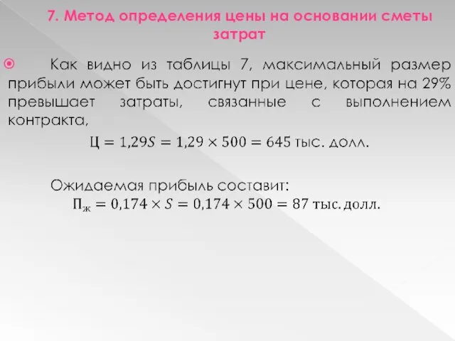 7. Метод определения цены на основании сметы затрат