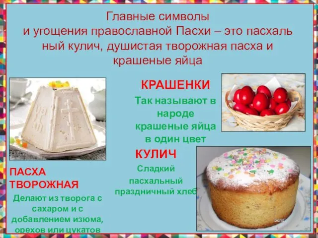 Главные символы и угощения православной Пасхи – это пасхальный кулич, душистая