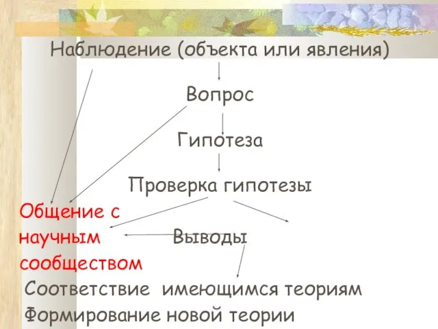 Наблюдение (объекта или явления) Вопрос Гипотеза Проверка гипотезы Общение с научным