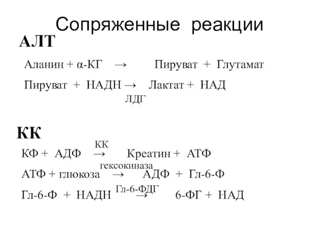 Сопряженные реакции Аланин + α-КГ → Пируват + Глутамат Пируват +