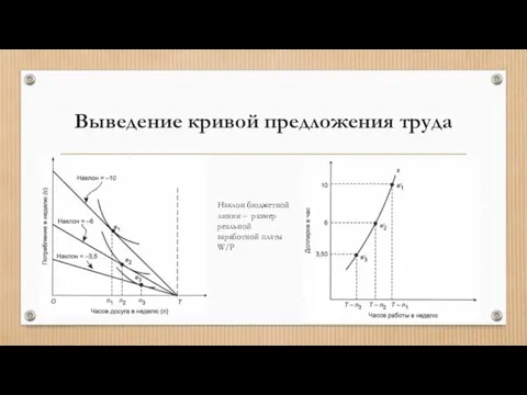 Выведение кривой предложения труда Наклон бюджетной линии – размер реальной заработной платы W/P