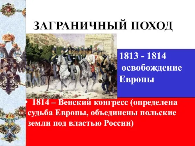 ЗАГРАНИЧНЫЙ ПОХОД 1814 – Венский конгресс (определена судьба Европы, объединены польские