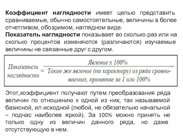 Коэффициент наглядности имеет целью представить сравниваемые, обычно самостоятельные, величины в более