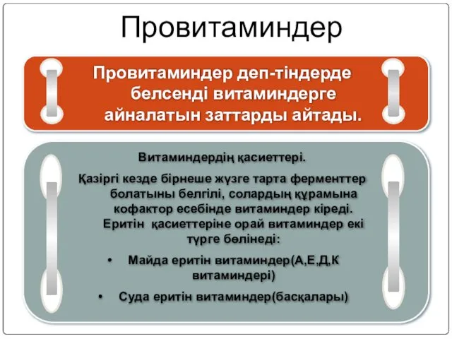 Провитаминдер Провитаминдер деп-тіндерде белсенді витаминдерге айналатын заттарды айтады. Витаминдердің қасиеттері. Қазіргі