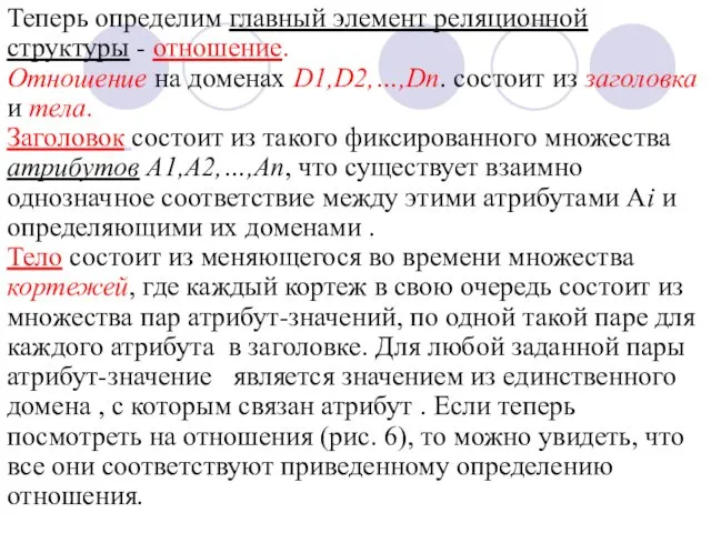 Теперь определим главный элемент реляционной структуры - отношение. Отношение на доменах