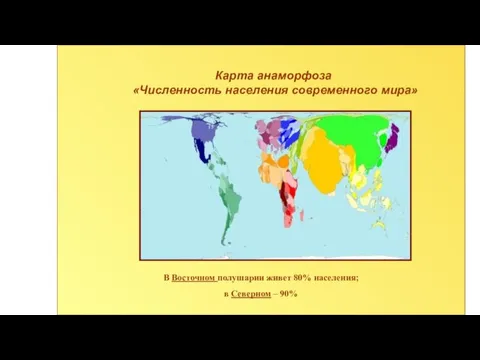 В Восточном полушарии живет 80% населения; в Северном – 90% Карта анаморфоза «Численность населения современного мира»