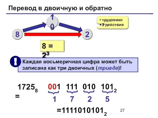 Перевод в двоичную и обратно 8 10 2 трудоемко 2 действия