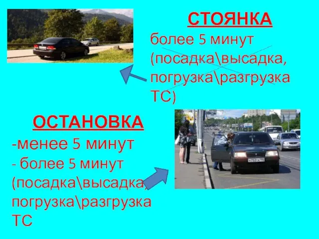 СТОЯНКА более 5 минут (посадка\высадка, погрузка\разгрузка ТС) ОСТАНОВКА -менее 5 минут