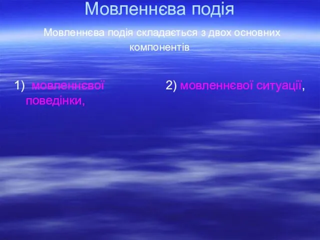 Мовленнєва подія Мовленнєва подія складається з двох основних компонентів 1) мовленнєвої поведінки, 2) мовленнєвої ситуації,