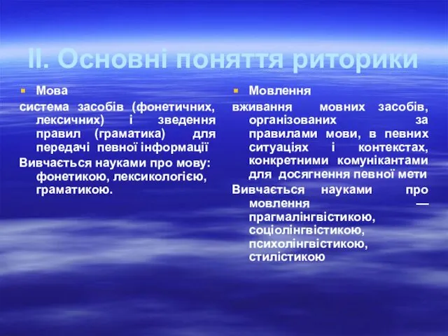 ІІ. Основні поняття риторики Мова система засобів (фонетичних, лексичних) і зведення