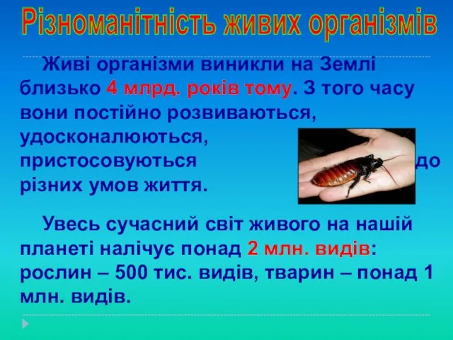 Різноманітність живих організмів Живі організми виникли на Землі близько 4 млрд.