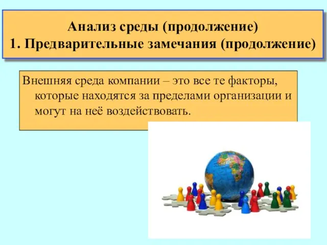 Анализ среды (продолжение) 1. Предварительные замечания (продолжение) Внешняя среда компании –