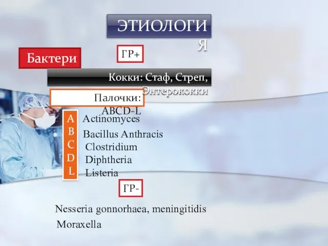 ЭТИОЛОГИЯ Бактерии Палочки: ABCD-L Кокки: Стаф, Стреп,Энтерококки A B C D