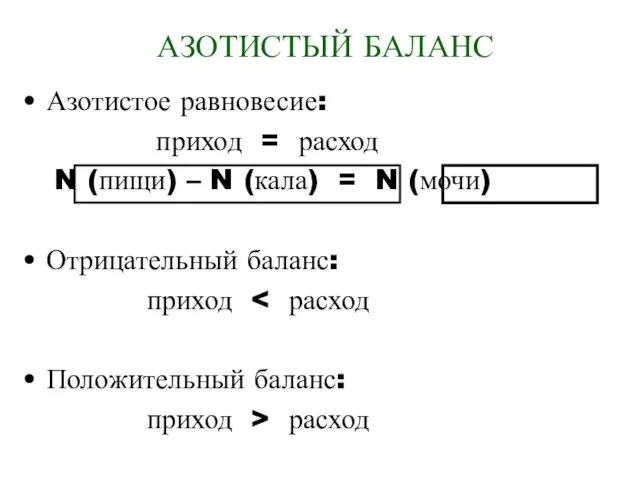 АЗОТИСТЫЙ БАЛАНС Азотистое равновесие: приход = расход N (пищи) – N